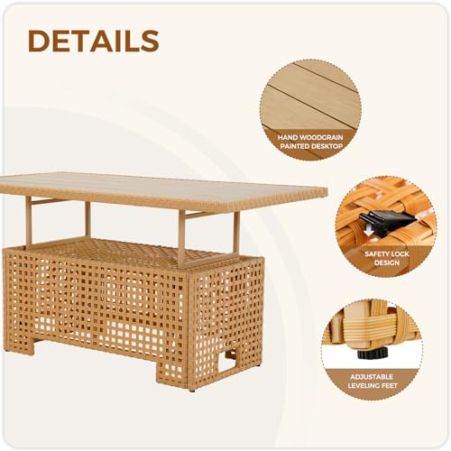 Beige Wicker Rattan Adjustable Lift Top Coffee Dining Table D424