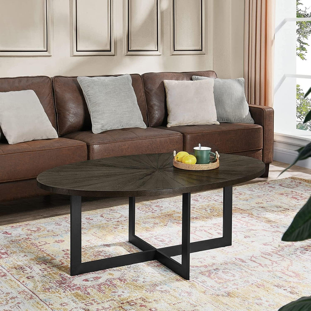 Solid Wood Oval Coffee Table with Cross Metal Legs Brown V905