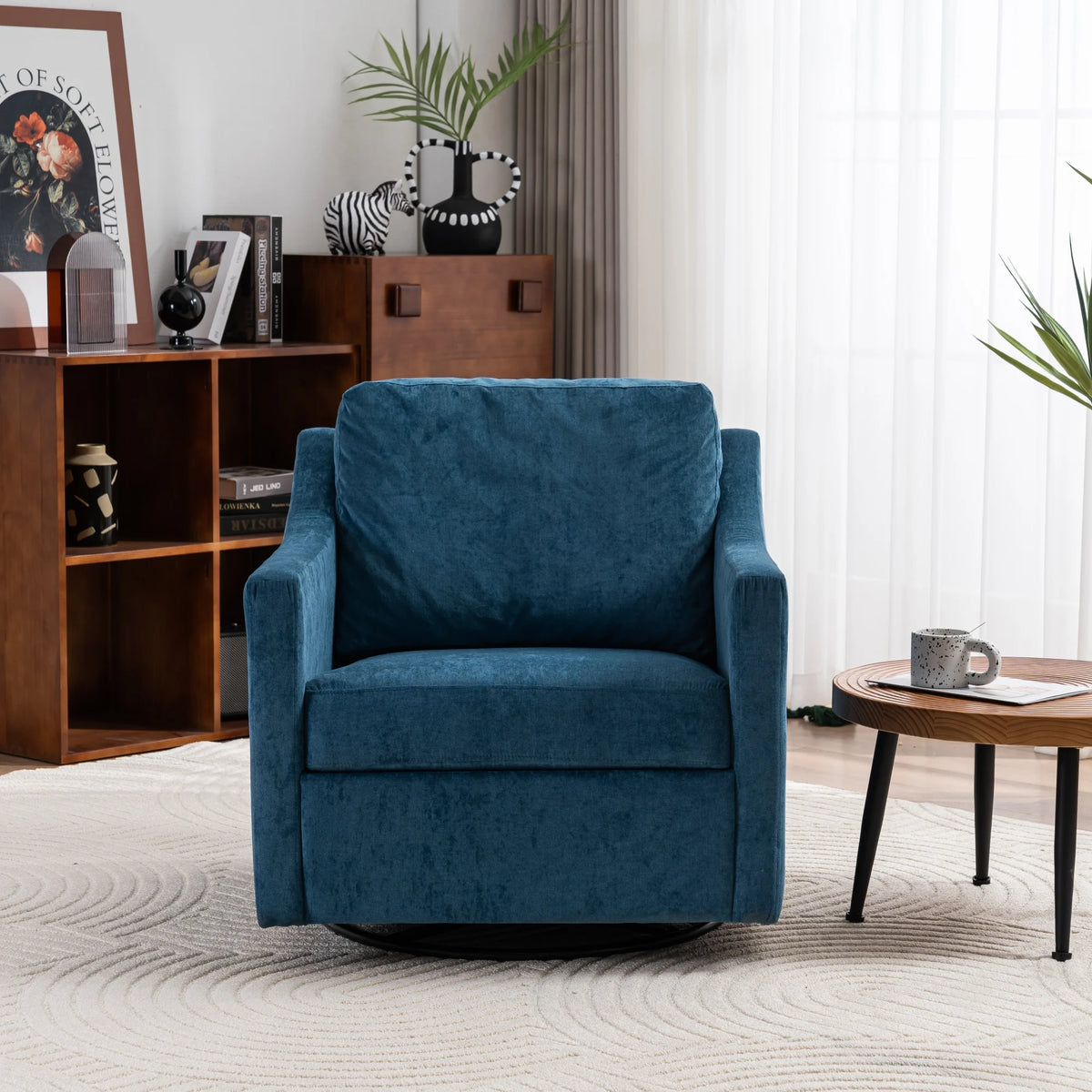 Large Navy Blue Linen Fabric Swivel Armchair S928940
