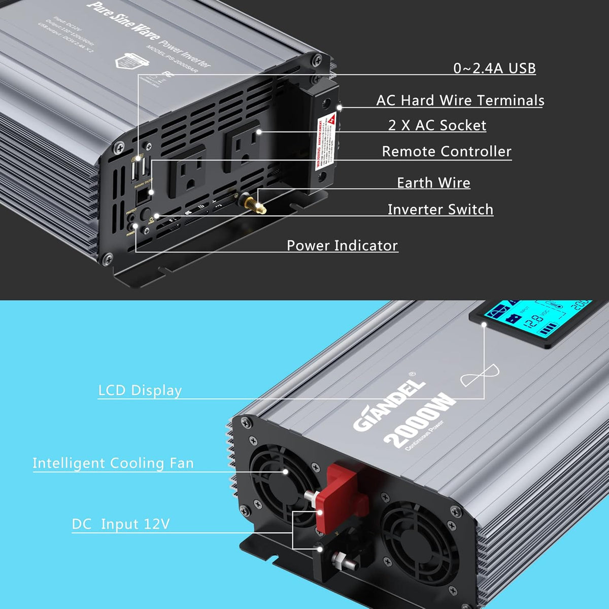 2000W Pure Sine Wave Power Inverter DC 12V to AC 120V with LCD Display Remote Controller Dual 2.4A USB Ports C2566