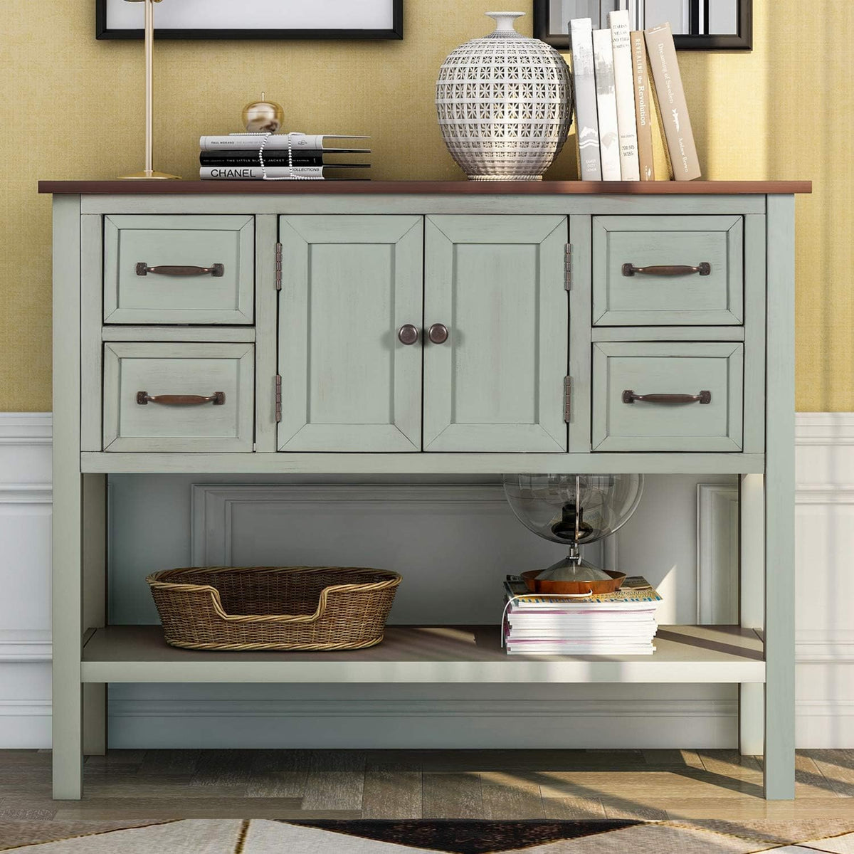 Green Wood Buffet Storage Cabinet with Drawers D8113
