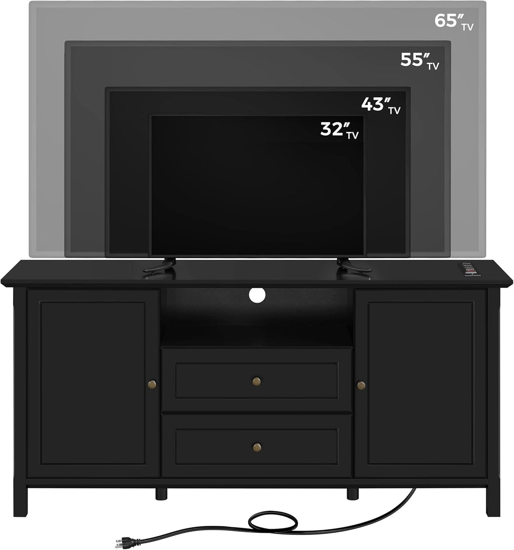 Black Media Entertainment Center with Power Outlet & Storage Cabinets R9750