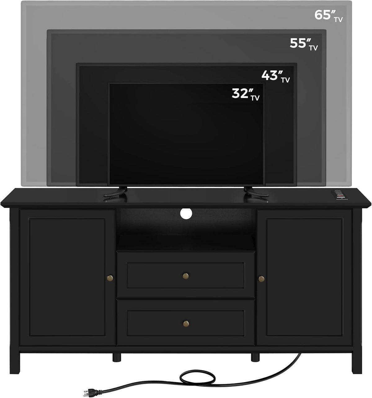 Black Media Entertainment Center with Power Outlet & Storage Cabinets R9750