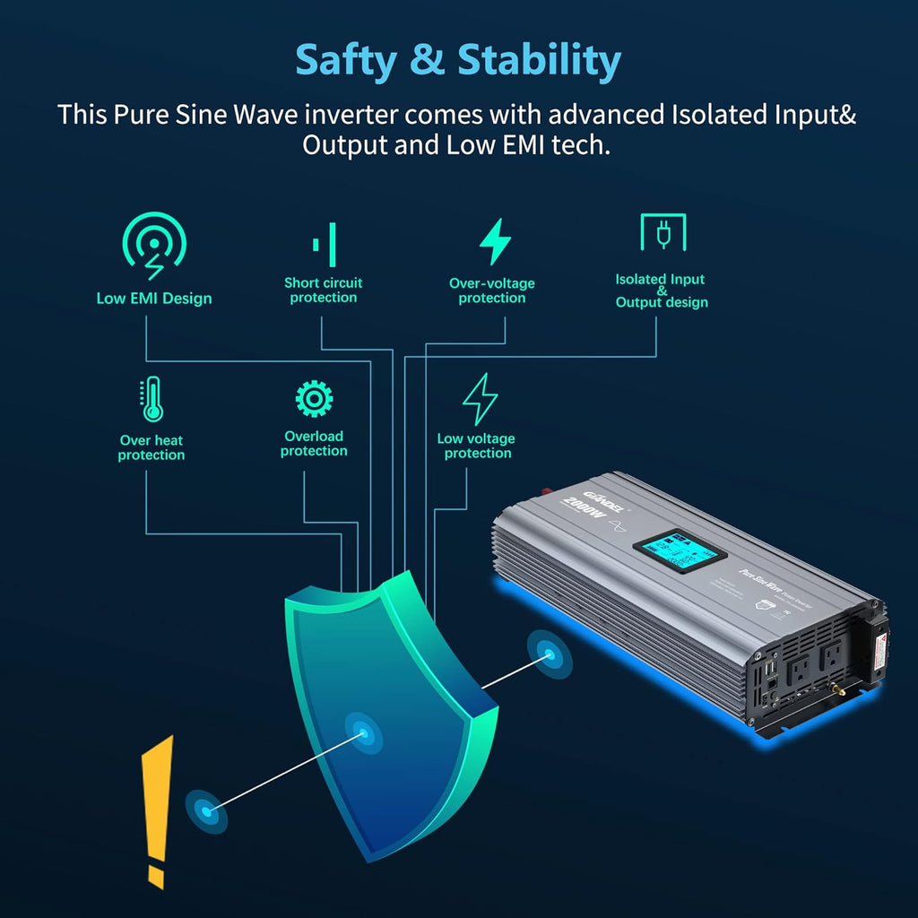 2000W Pure Sine Wave Power Inverter DC 12V to AC 120V with LCD Display Remote Controller Dual 2.4A USB Ports C2566