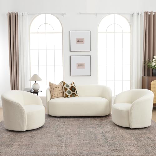 Cream Boucle Swivel Barrel Chair with Round Ottoman Set J88876