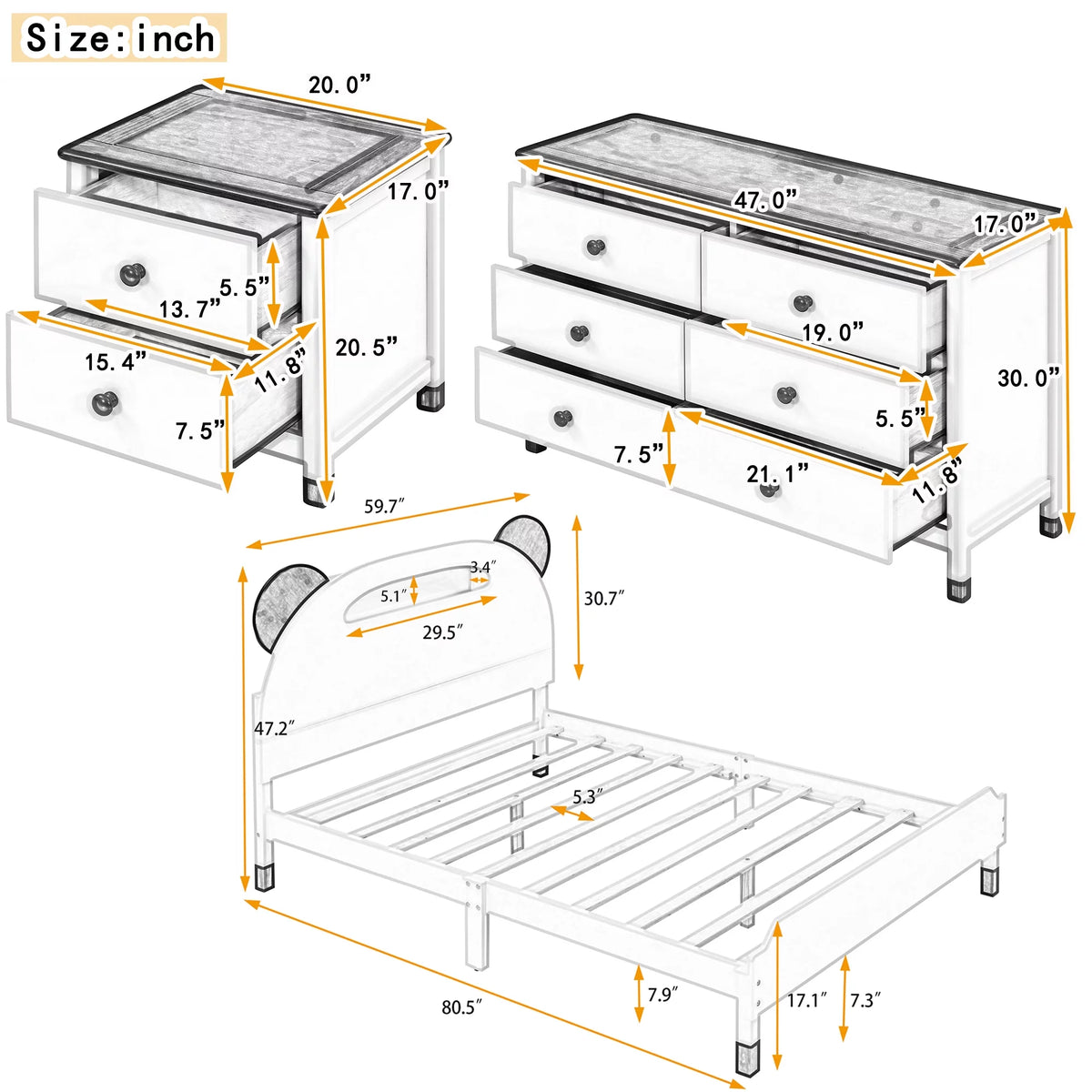 Full Size Bear-Shape Platform Bed with Nightstand and Storage Dresser E22367