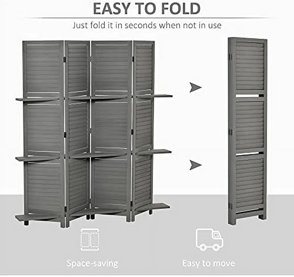 4 Panel Wood Privacy Screen Room Divider with Shelves O68977