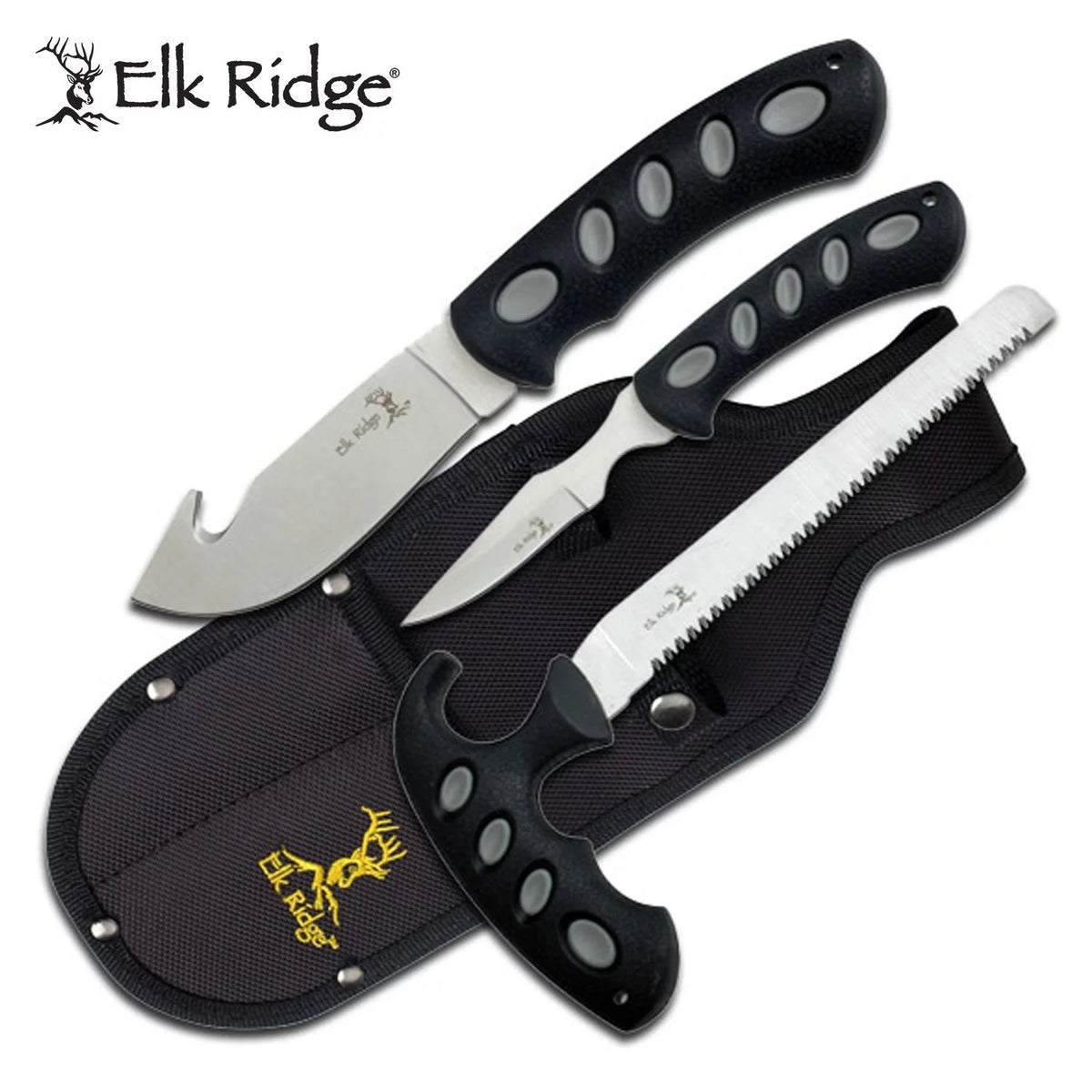 3-PC Hunting Knife Set Stainless Steel Blades Black Nylon Fiber Handles A462694