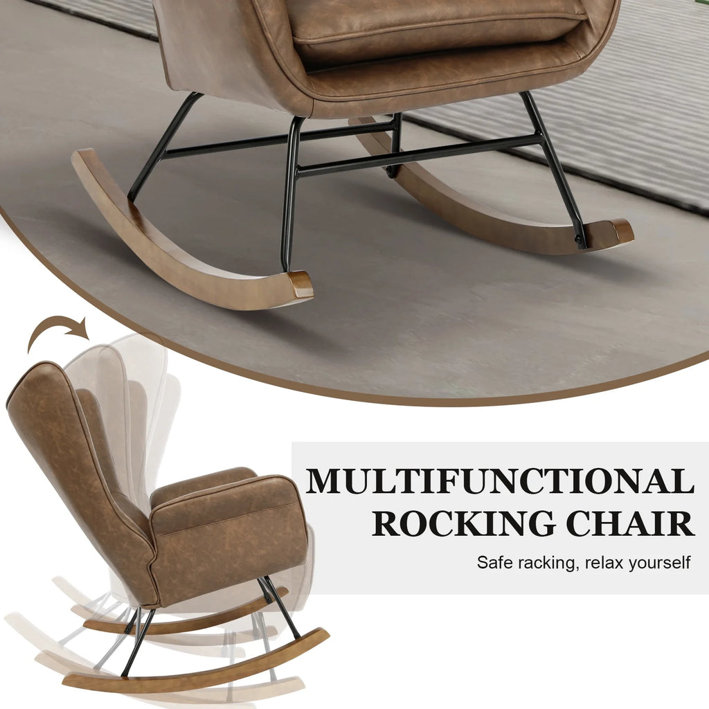Brown PU Leather Rocker Glider Chair with Wooden Base I740001