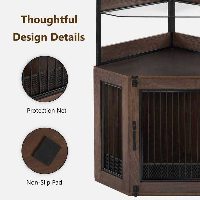 Corner Dog Crate Furniture with Glass Shelves Wooden Dog Kennel with Door O612