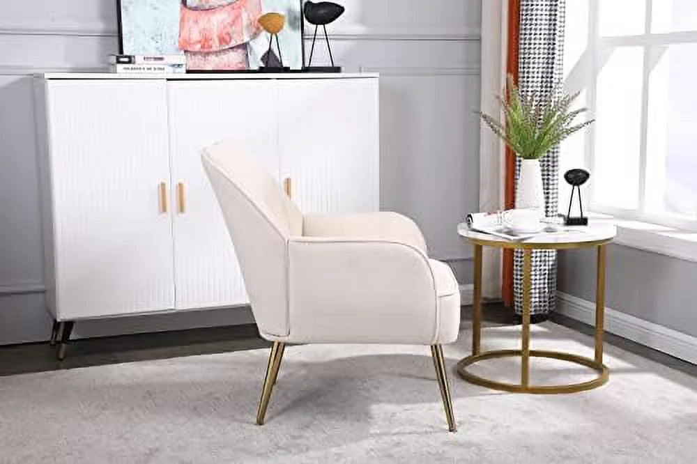 Beige Velvet Tufted Accent Chair with Golden Legs O382
