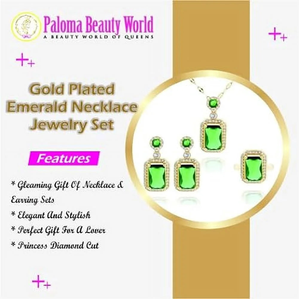 3Pcs/Set Iced Out Cubic Zirconia Green Gemstone Ring Necklace Earrings Gold Plated Jewelry Sets D23599