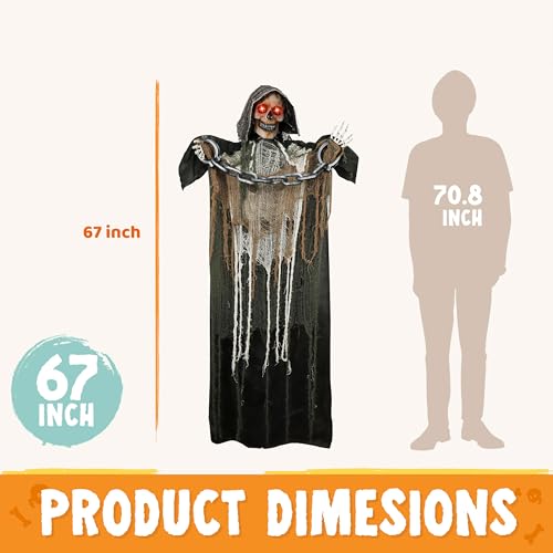 67" Halloween Animatronics Standing Pumpkin Ghost with Light-up Head, Movable Arms T284938