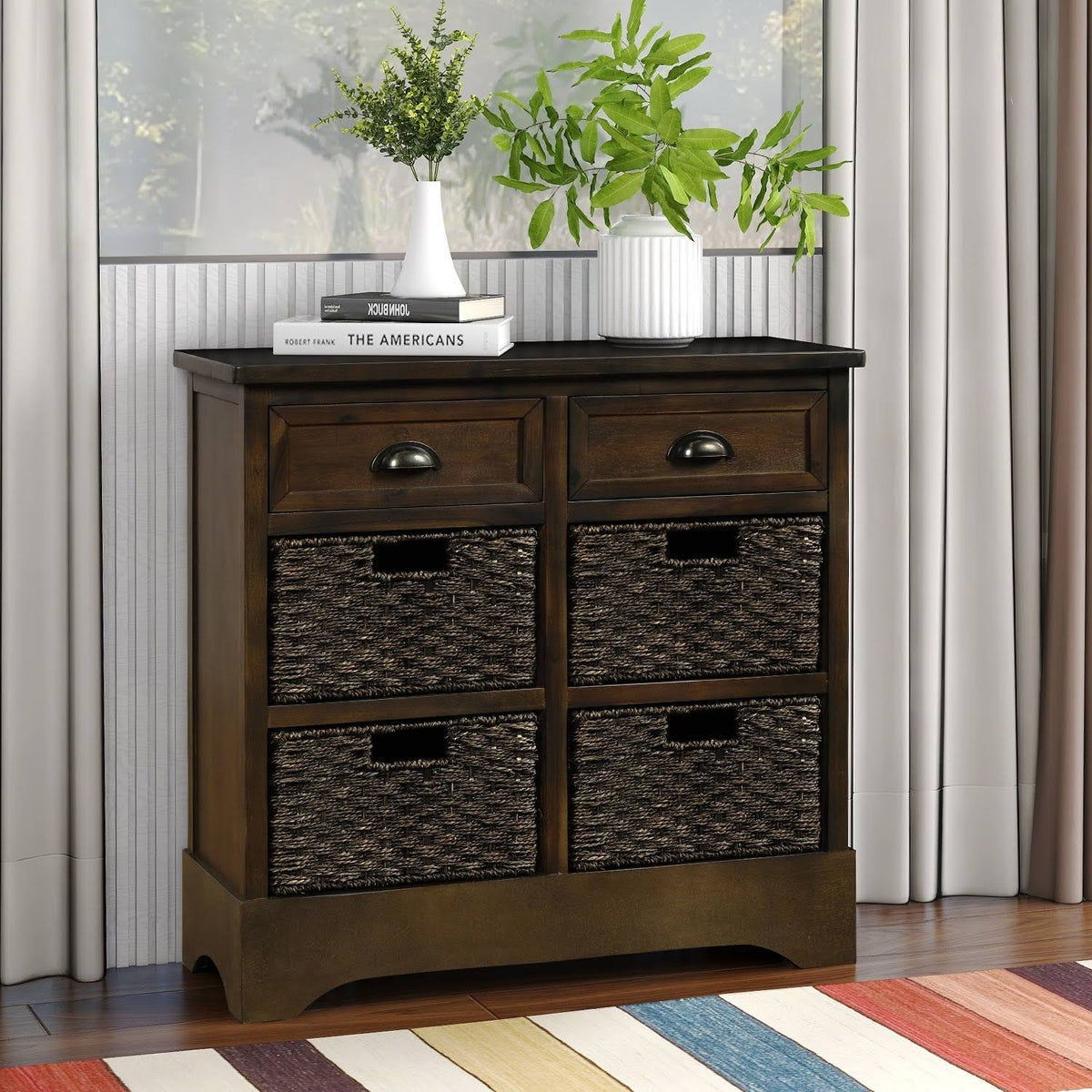 Rustic Storage Cabinet with 2 Drawers and 4 Fabric Basket I8692