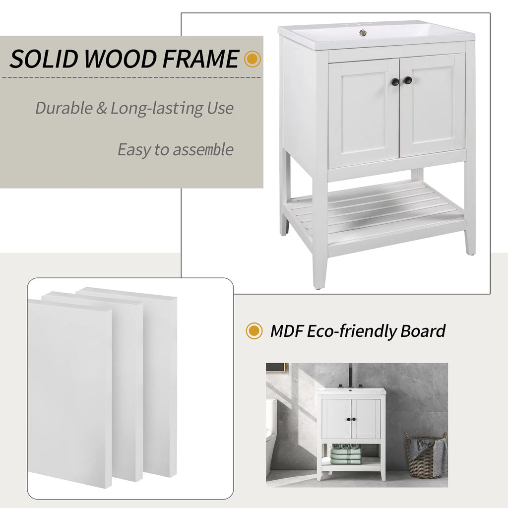 24" White Bathroom Vanity Base Only with Doors and Open Shelf D4294