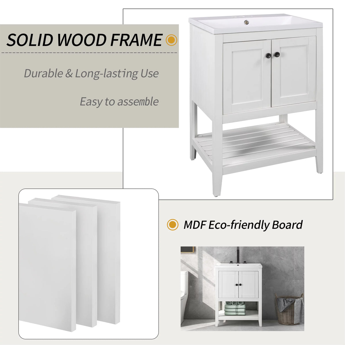 24" White Bathroom Vanity Base Only with Doors and Open Shelf D4294