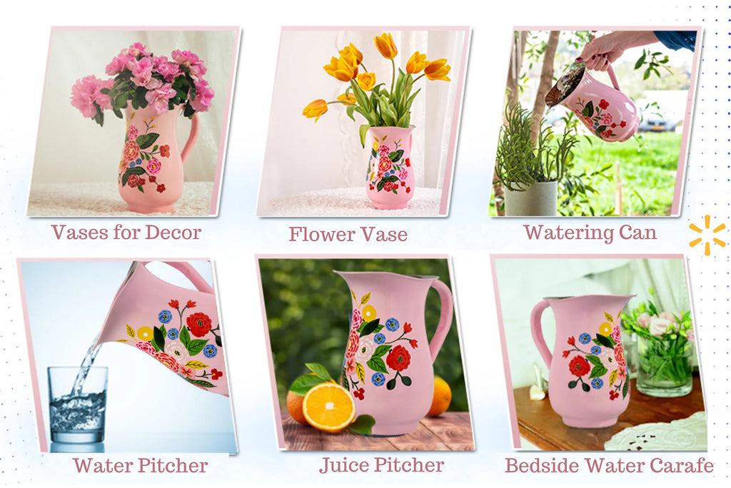 Hand-Painted Floral Stainless Steel Pink Water Pitcher W274