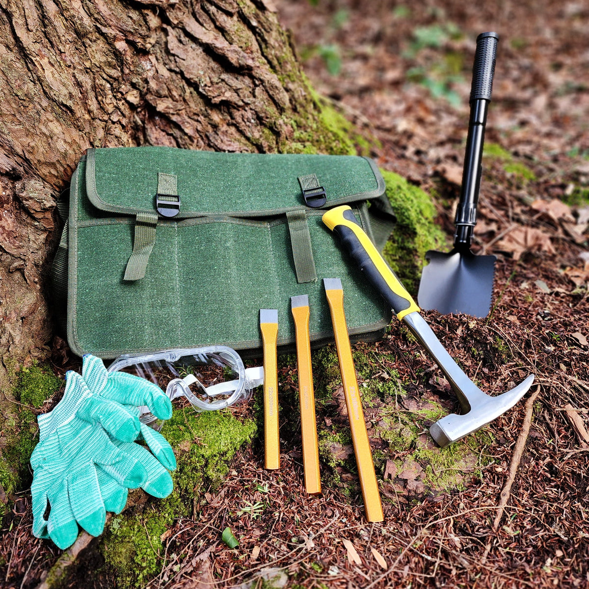 15-Piece Rockhound Mining Kit with Hammer, Chisels, Musette Bag P250349