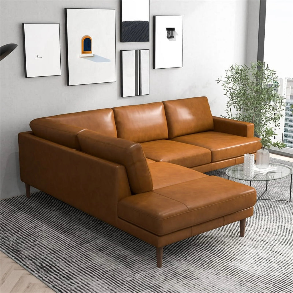 Cognac Tan Genuine Leather Corner Sectional Couch H3935