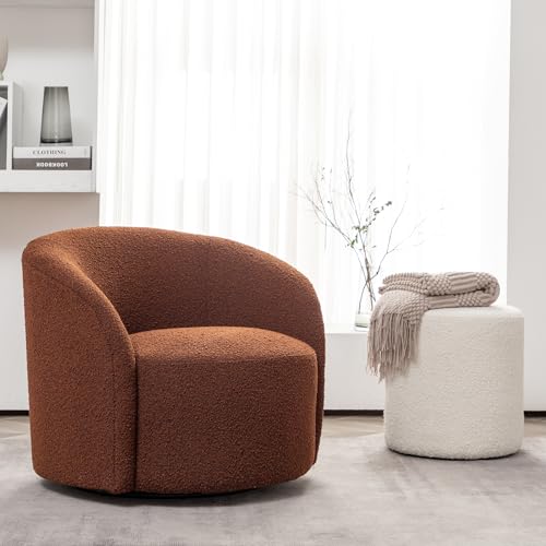 Cream Boucle Swivel Barrel Chair with Round Ottoman Set J88876