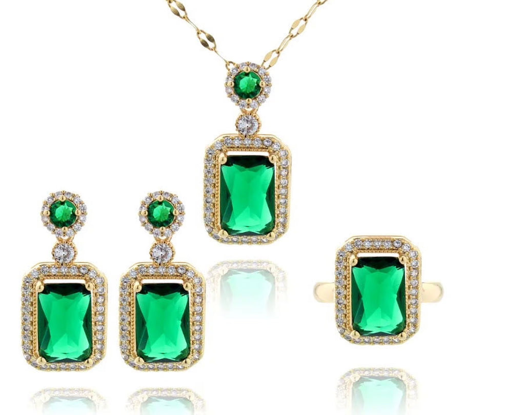 3Pcs/Set Iced Out Cubic Zirconia Green Gemstone Ring Necklace Earrings Gold Plated Jewelry Sets D23599