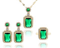 3Pcs/Set Iced Out Cubic Zirconia Green Gemstone Ring Necklace Earrings Gold Plated Jewelry Sets D23599