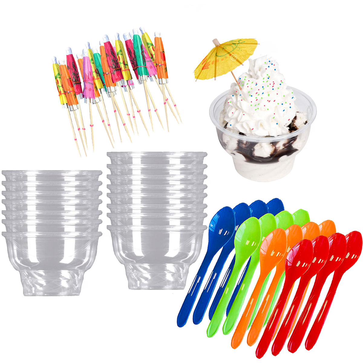 16 Pk Ice Cream Kit with 8 Oz Plastic Dishes, Spoons, Picks B692