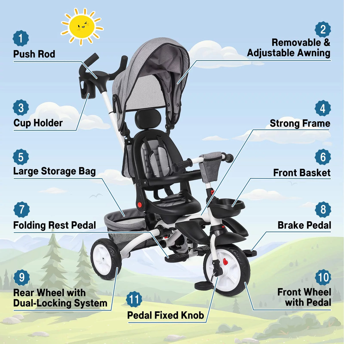 Folding Toddler Tricycle with Adjustable Canopy and Storage U275023
