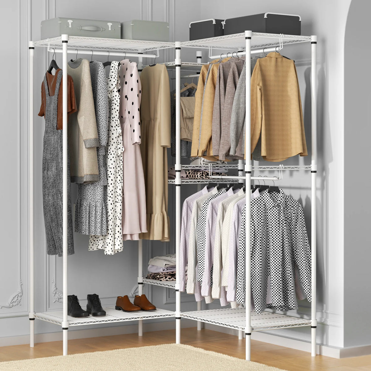 White Adjustable Carbon Steel Freestanding Garment Rack with 4 Hanger Rods O82145