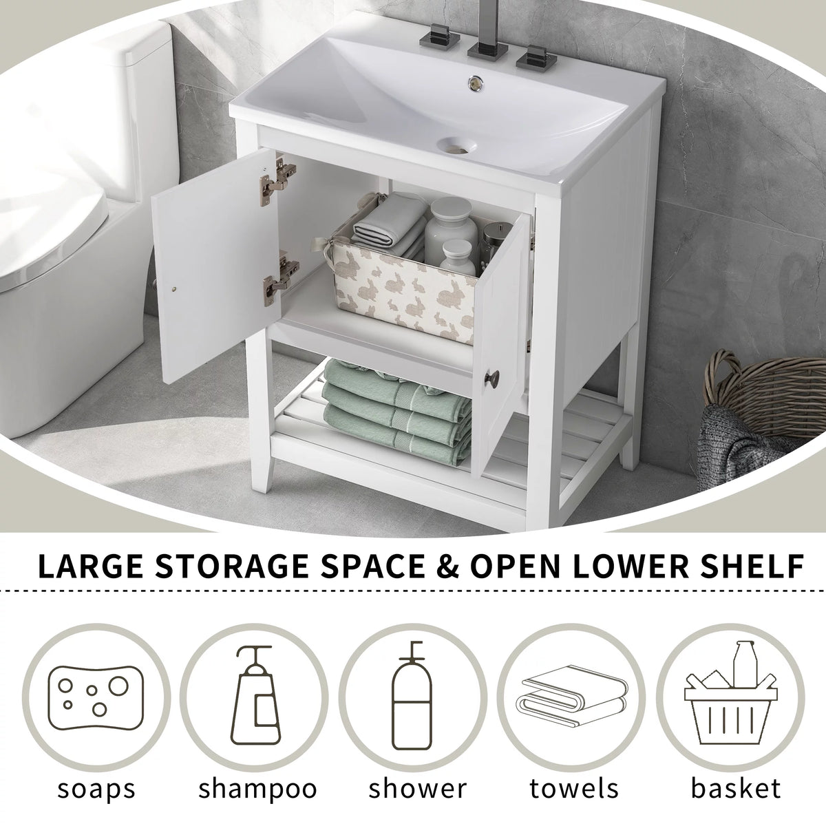 24" White Bathroom Vanity Base Only with Doors and Open Shelf D4294