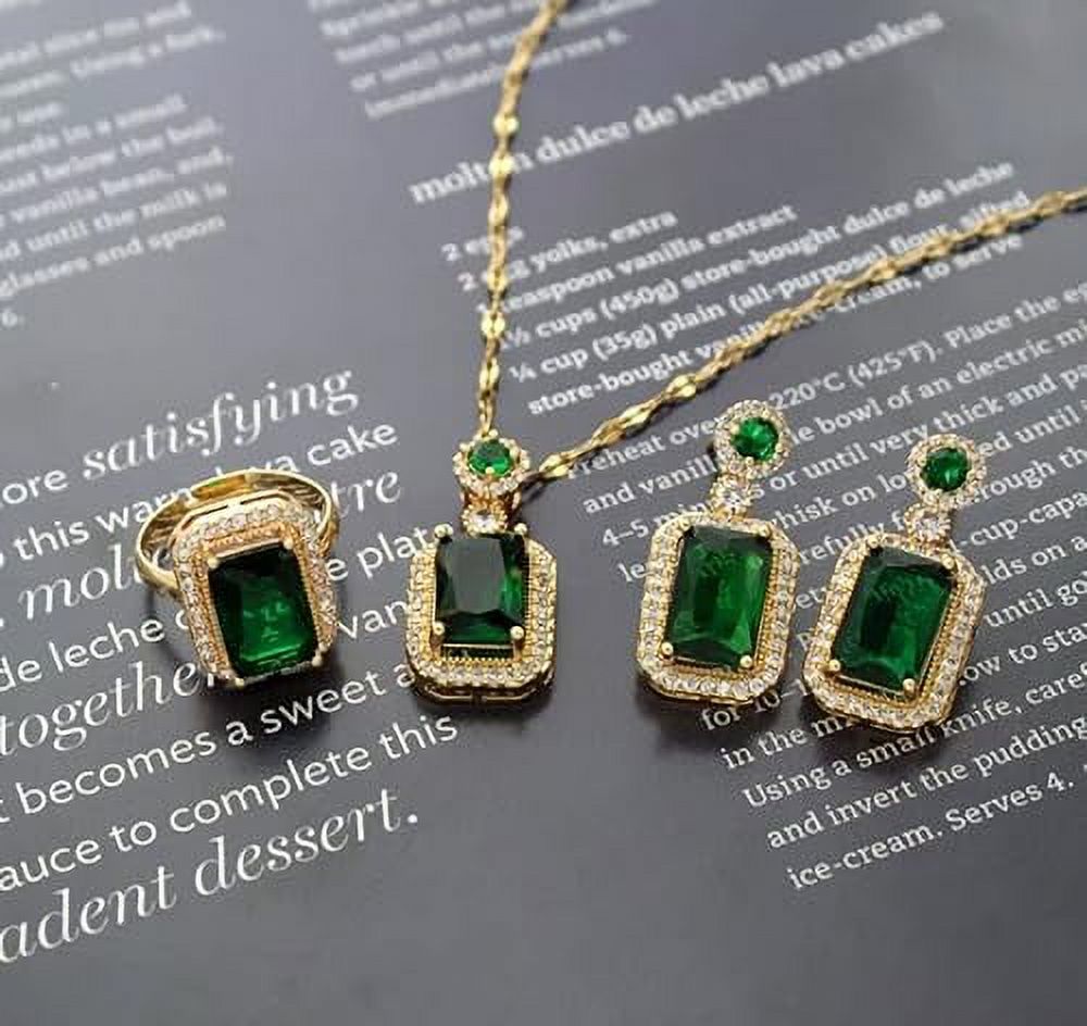 3Pcs/Set Iced Out Cubic Zirconia Green Gemstone Ring Necklace Earrings Gold Plated Jewelry Sets D23599