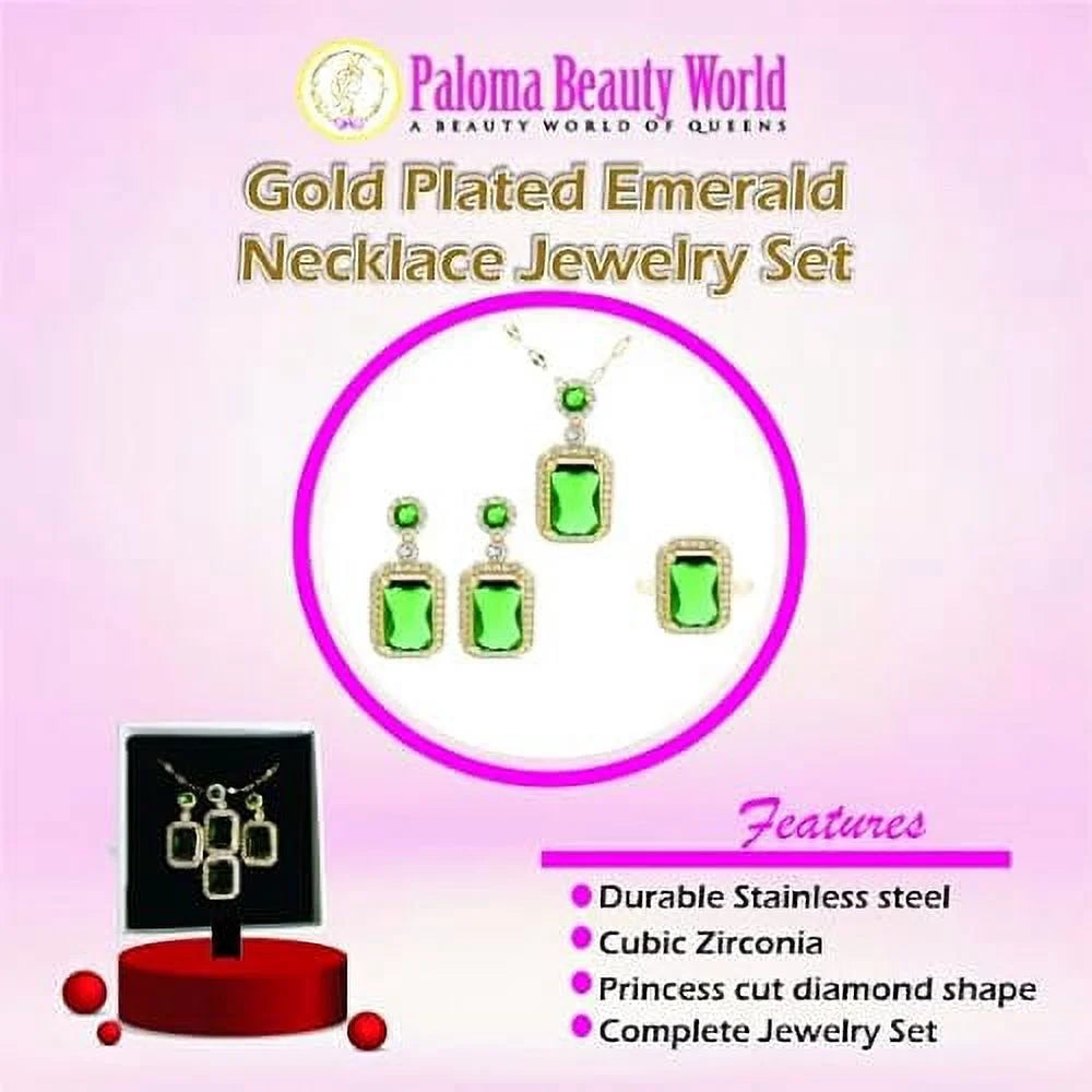 3Pcs/Set Iced Out Cubic Zirconia Green Gemstone Ring Necklace Earrings Gold Plated Jewelry Sets D23599