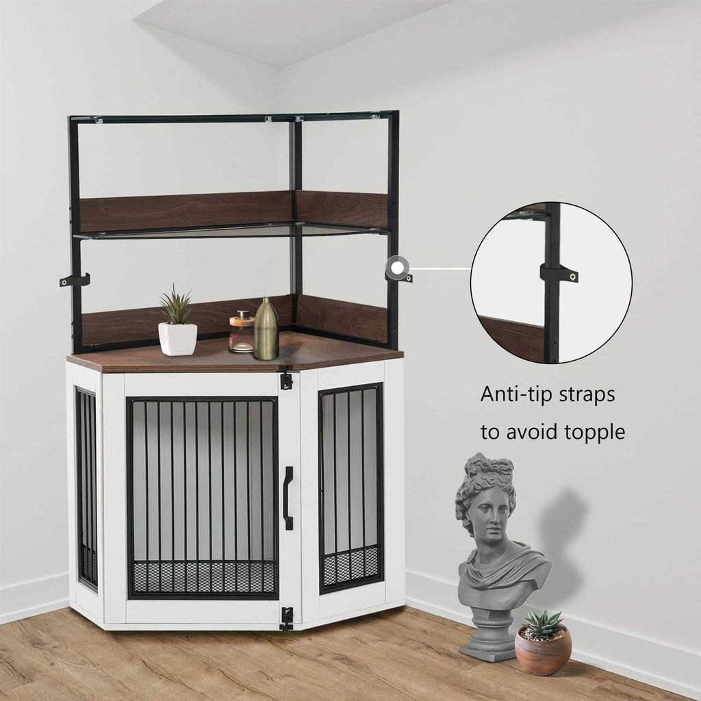 Corner Dog Crate Furniture with Glass Shelves Wooden Dog Kennel with Door O612