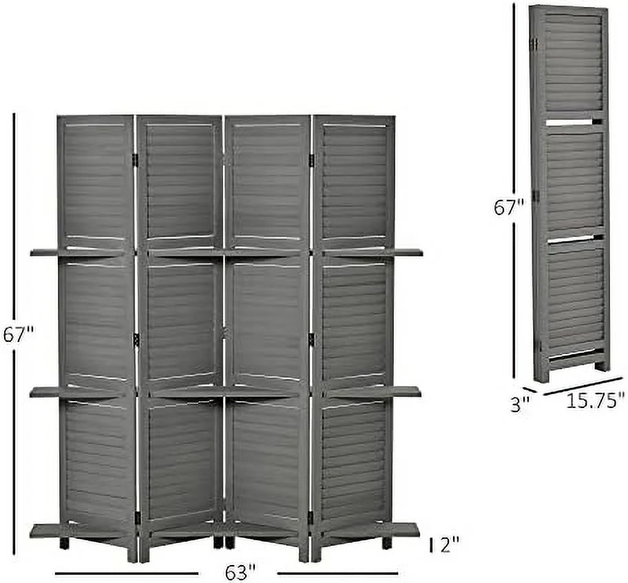 4 Panel Wood Privacy Screen Room Divider with Shelves O68977
