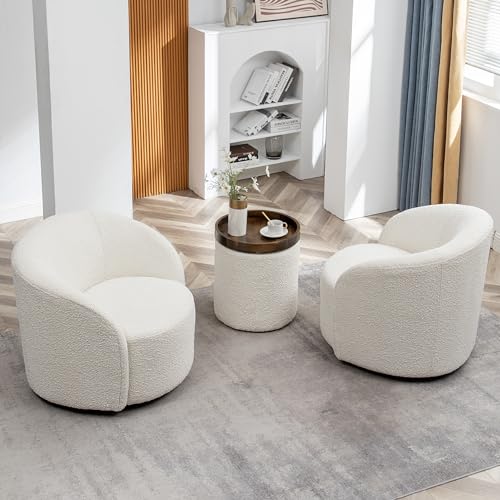 Cream Boucle Swivel Barrel Chair with Round Ottoman Set J88876