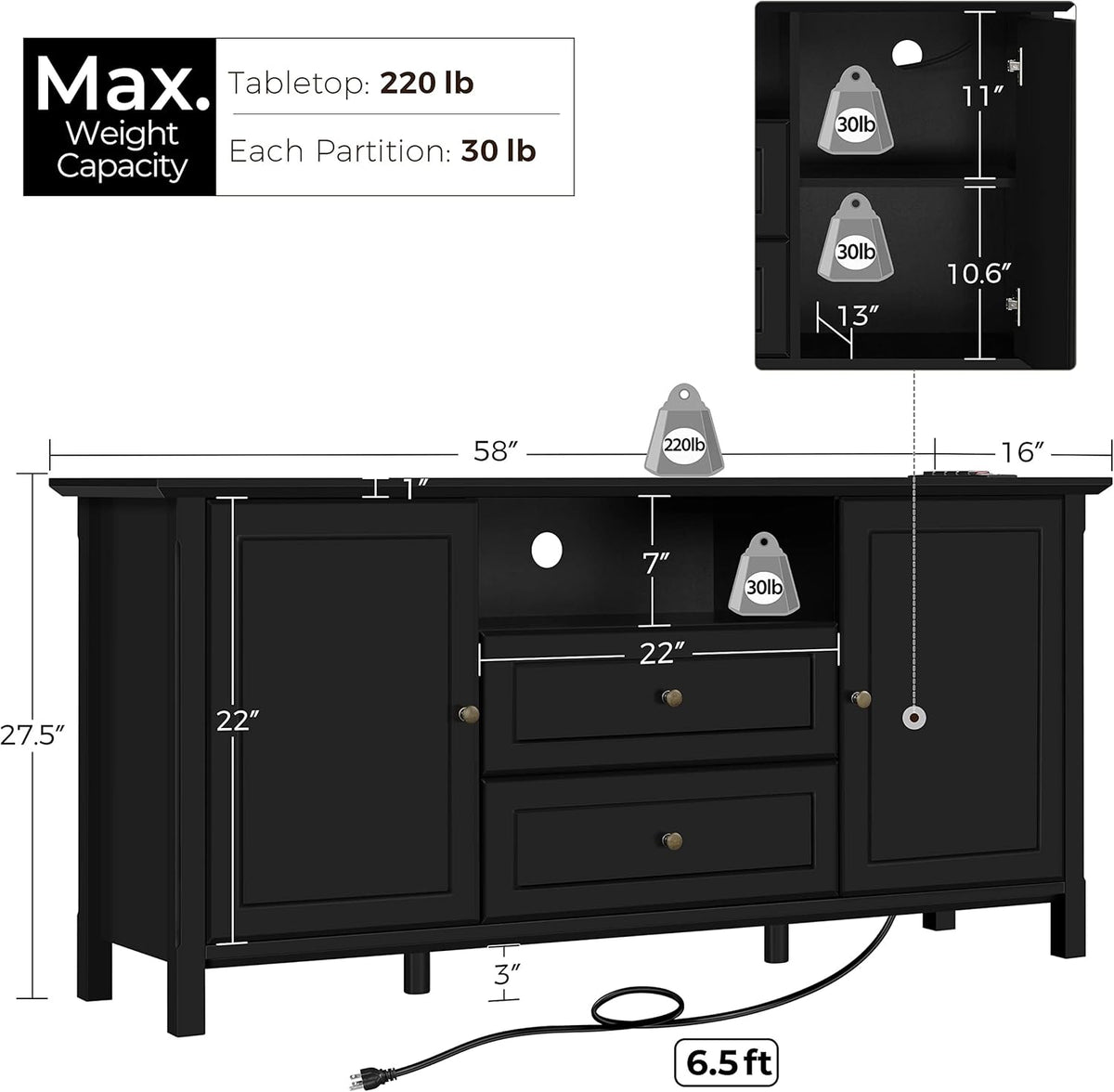 Black Media Entertainment Center with Power Outlet & Storage Cabinets R9750