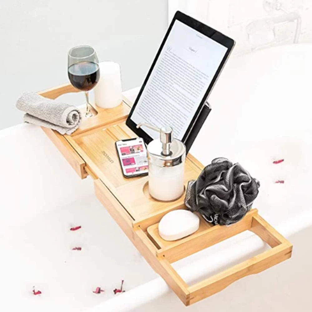 Bamboo Expandable Bathtub Caddy Tray with Wine Glass Holder Z3738