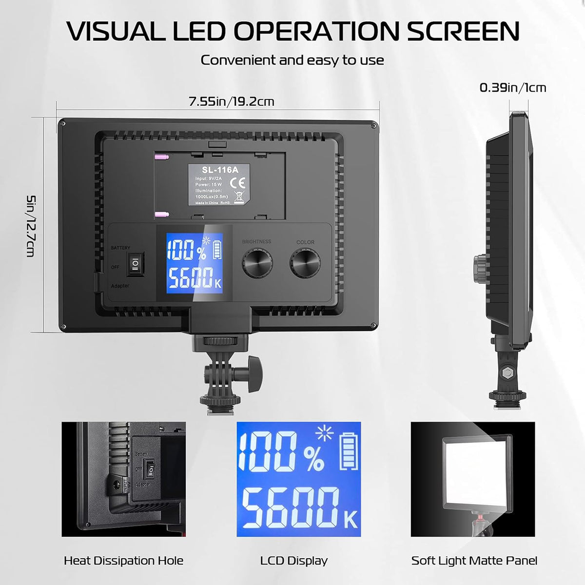 LED Panel Light with LCD Display, Dimmable Bi-Color 3200-5600K CRI95+ G770294