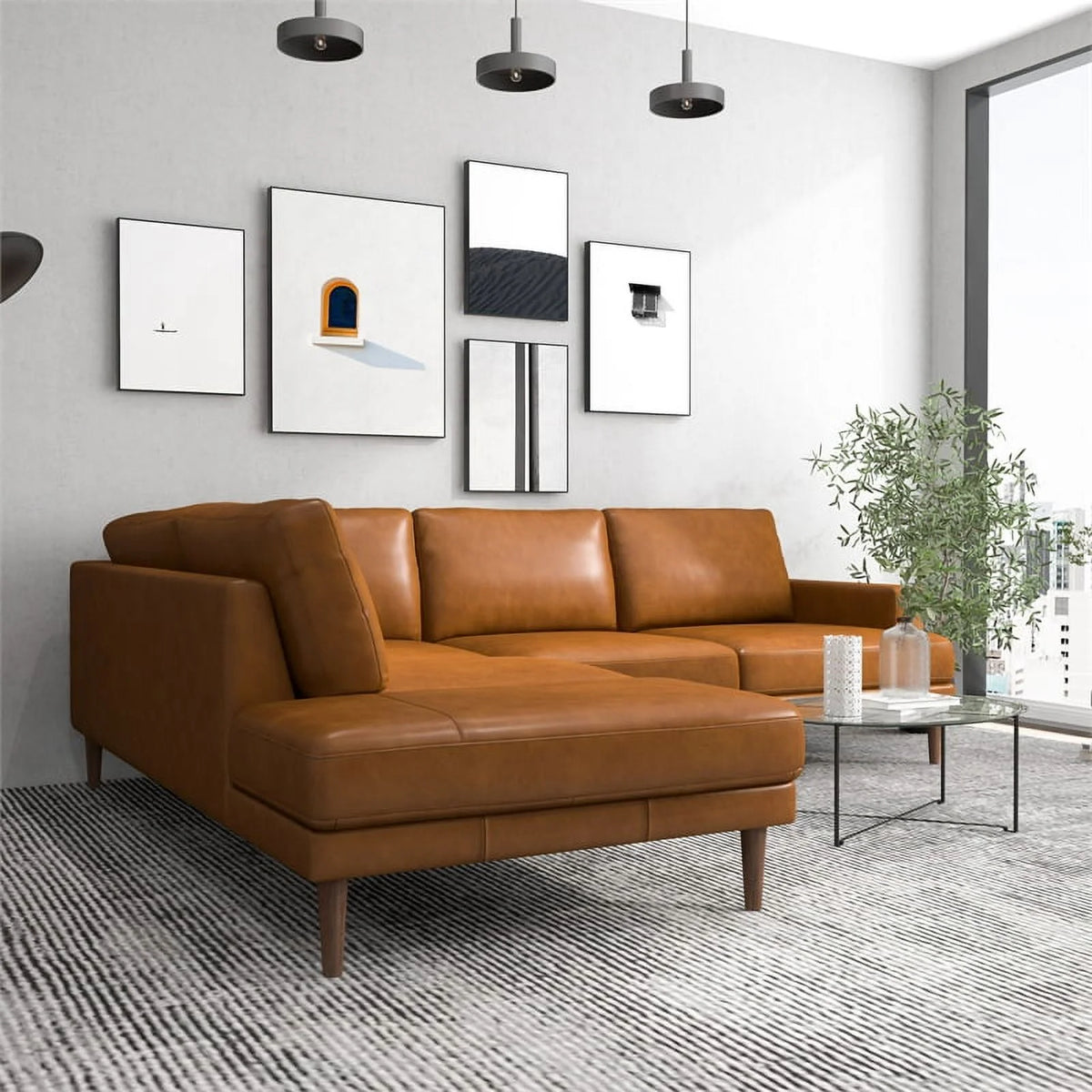 Cognac Tan Genuine Leather Corner Sectional Couch H3935