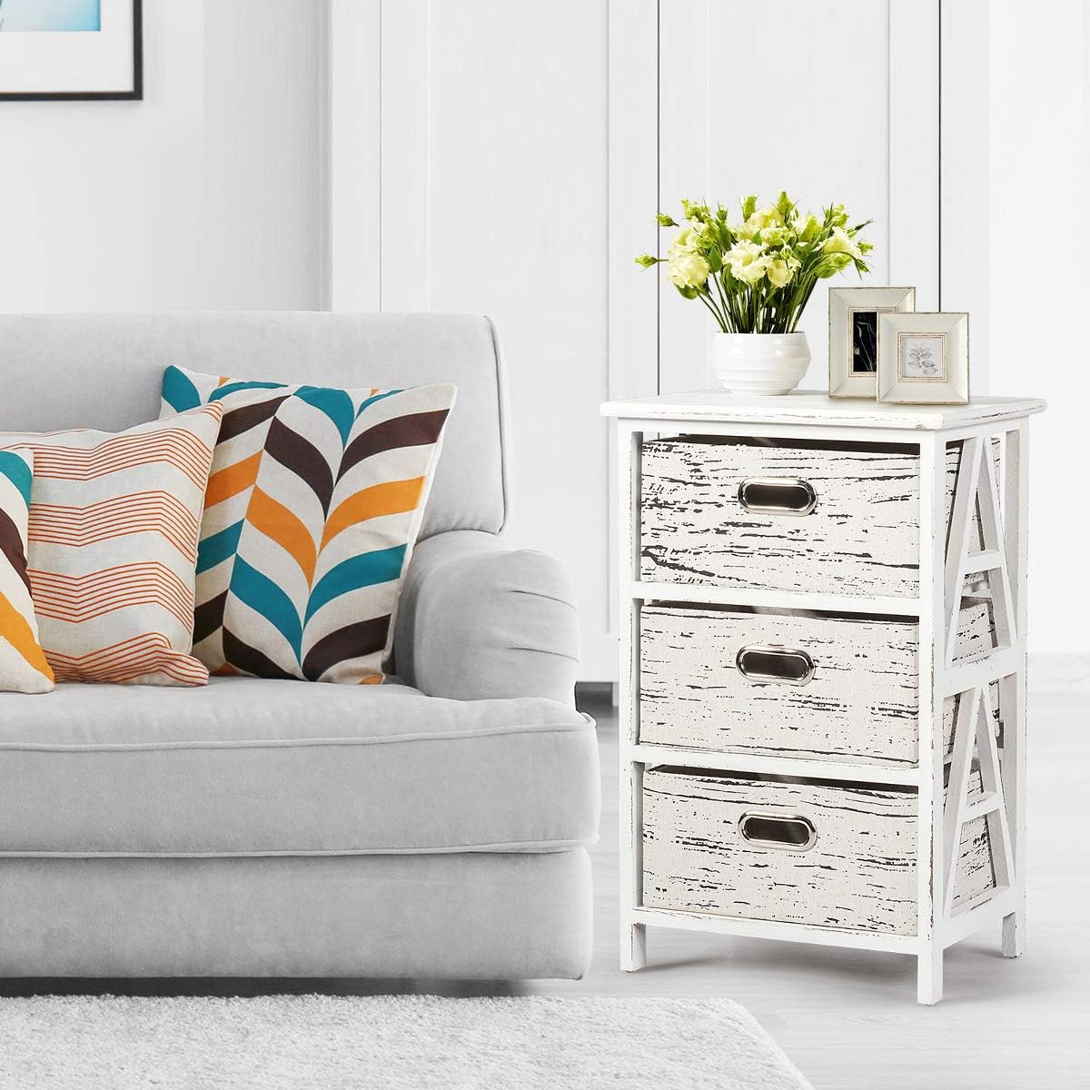 3 Fabrics Storage Drawer Units with Wood Frame Dresser Cabinet Y6053