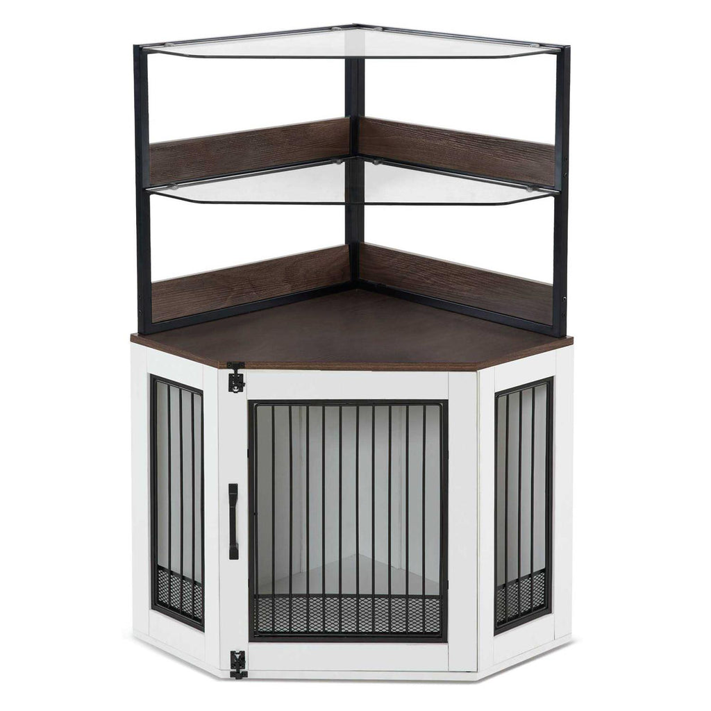 Corner Dog Crate Furniture with Glass Shelves Wooden Dog Kennel with Door O612