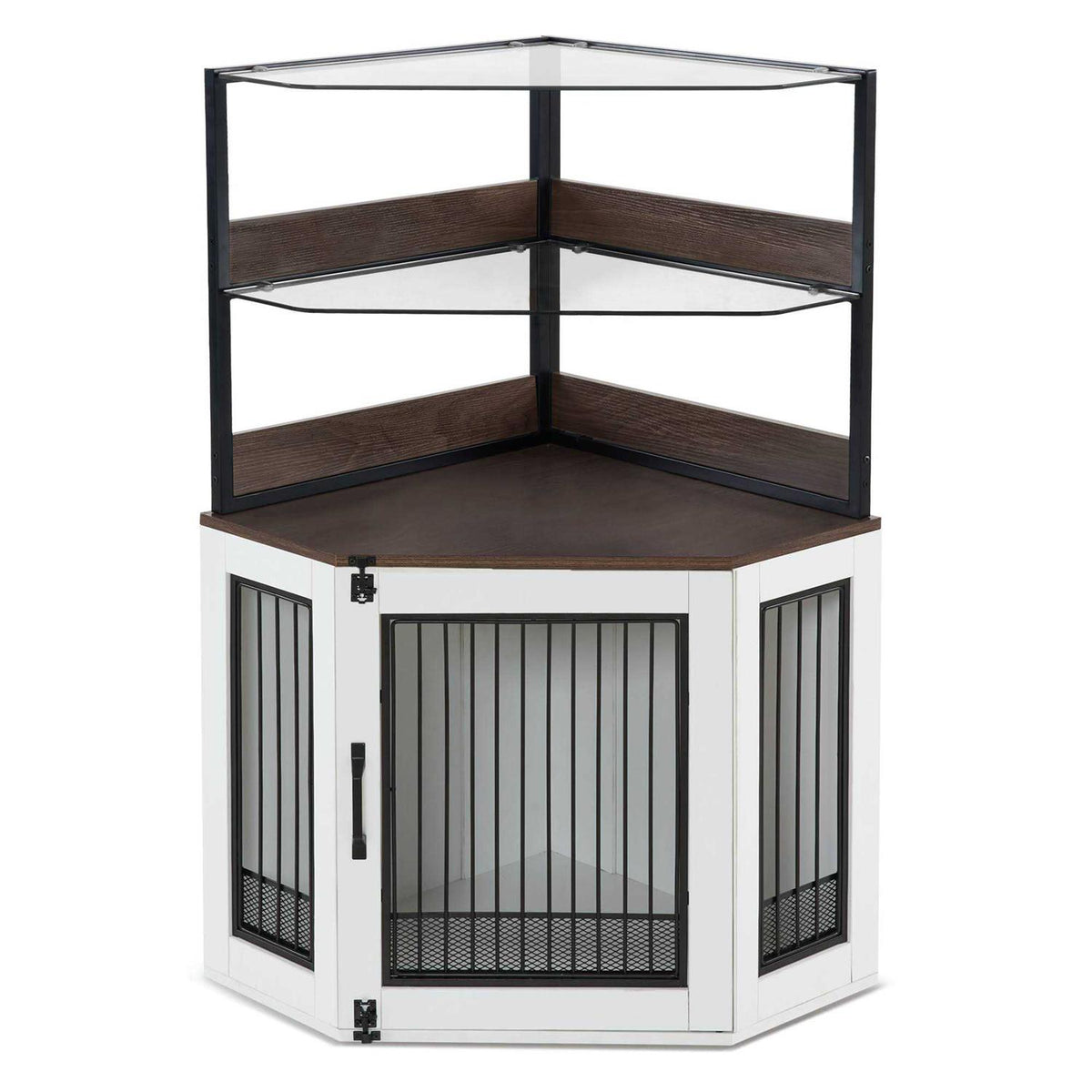 Corner Dog Crate Furniture with Glass Shelves Wooden Dog Kennel with Door O612