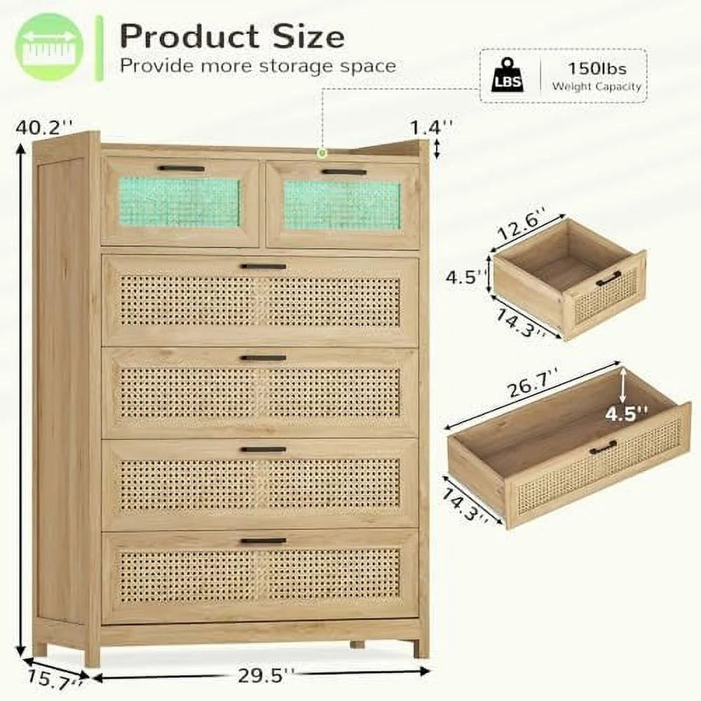 7 Drawer Rattan Wood Dresser with LED Lights W220565