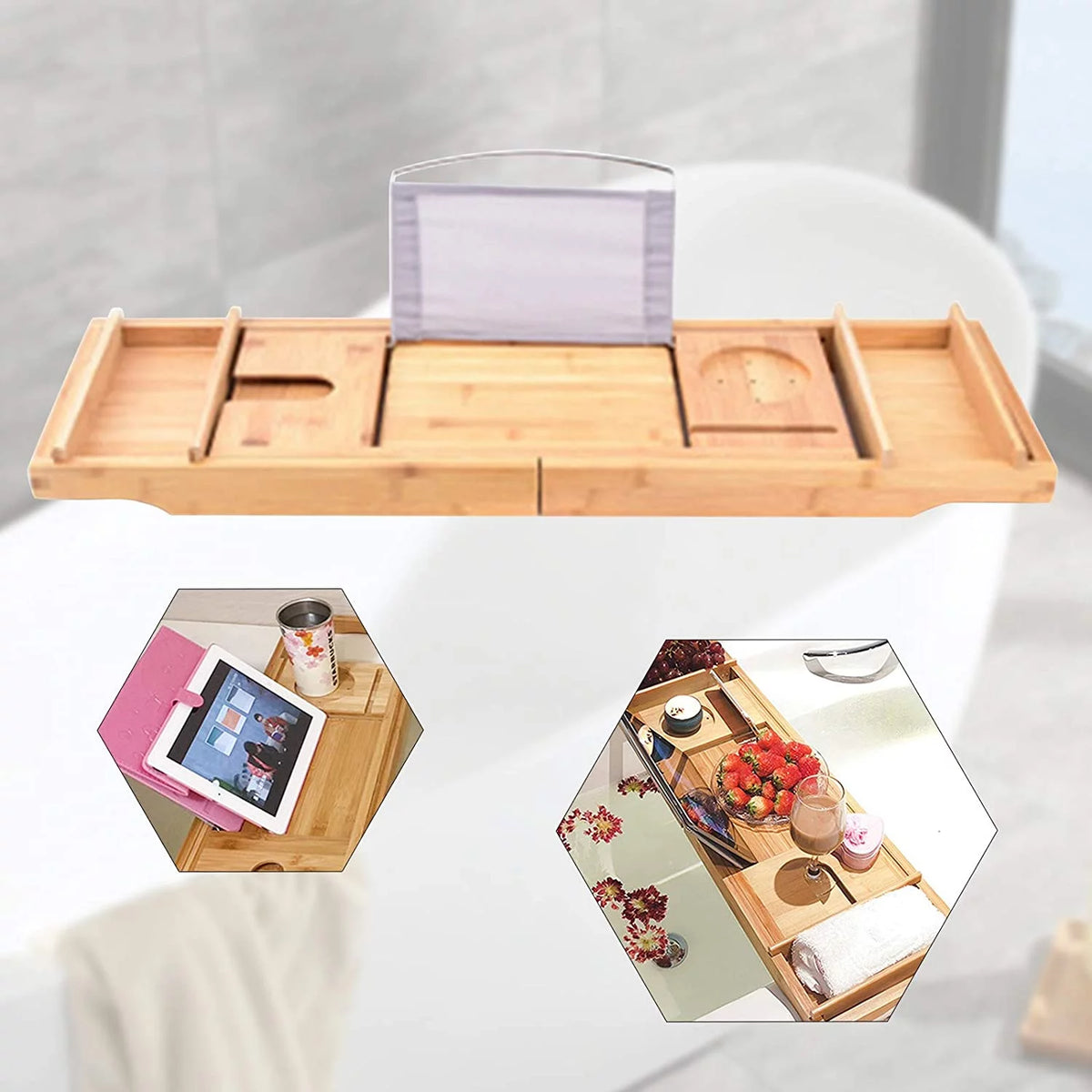 Bamboo Expandable Bathtub Caddy Tray with Wine Glass Holder Z3738