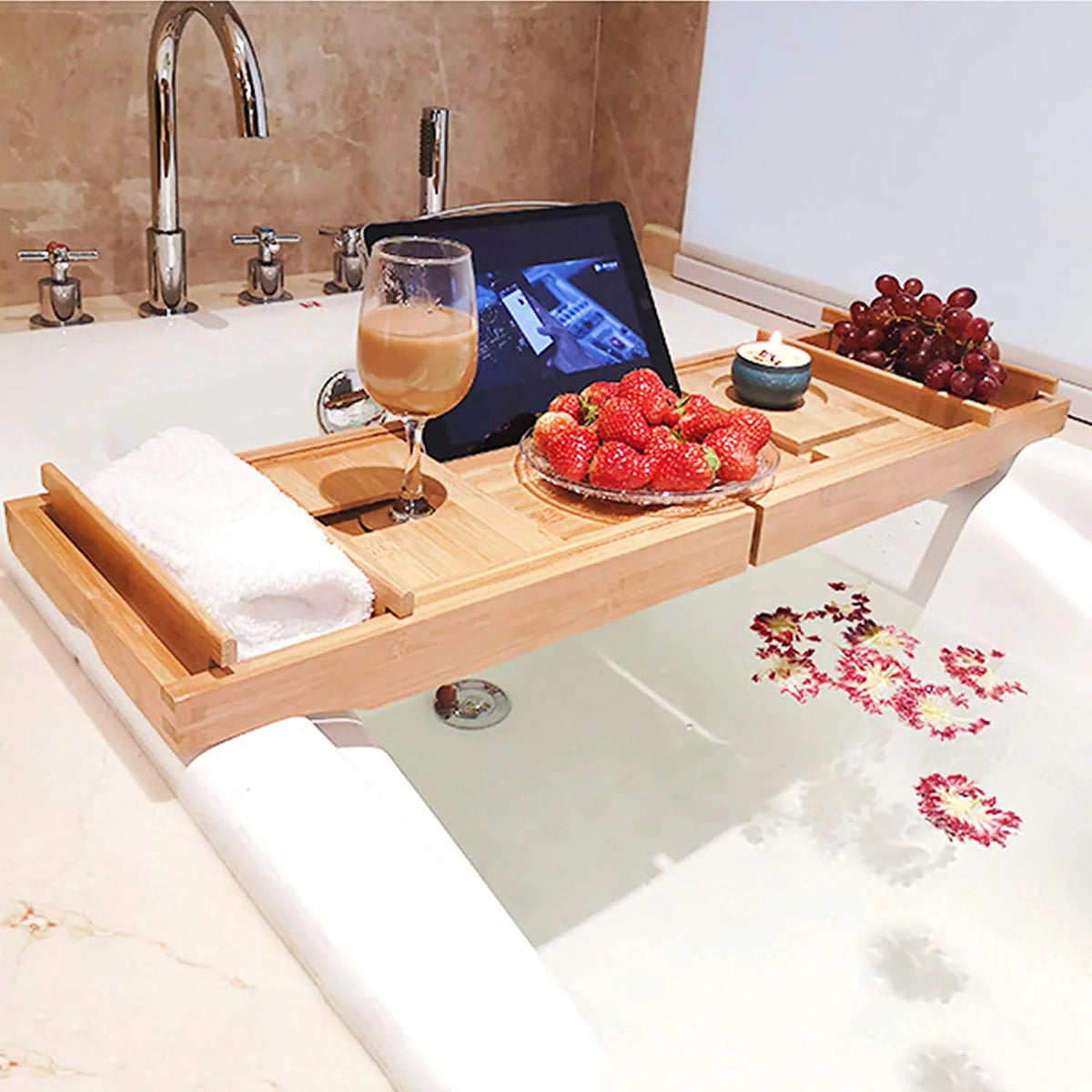 Bamboo Expandable Bathtub Caddy Tray with Wine Glass Holder Z3738