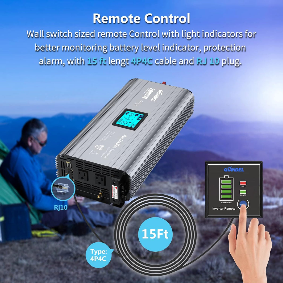 2000W Pure Sine Wave Power Inverter DC 12V to AC 120V with LCD Display Remote Controller Dual 2.4A USB Ports C2566