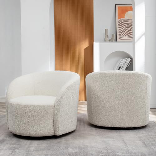 Cream Boucle Swivel Barrel Chair with Round Ottoman Set J88876