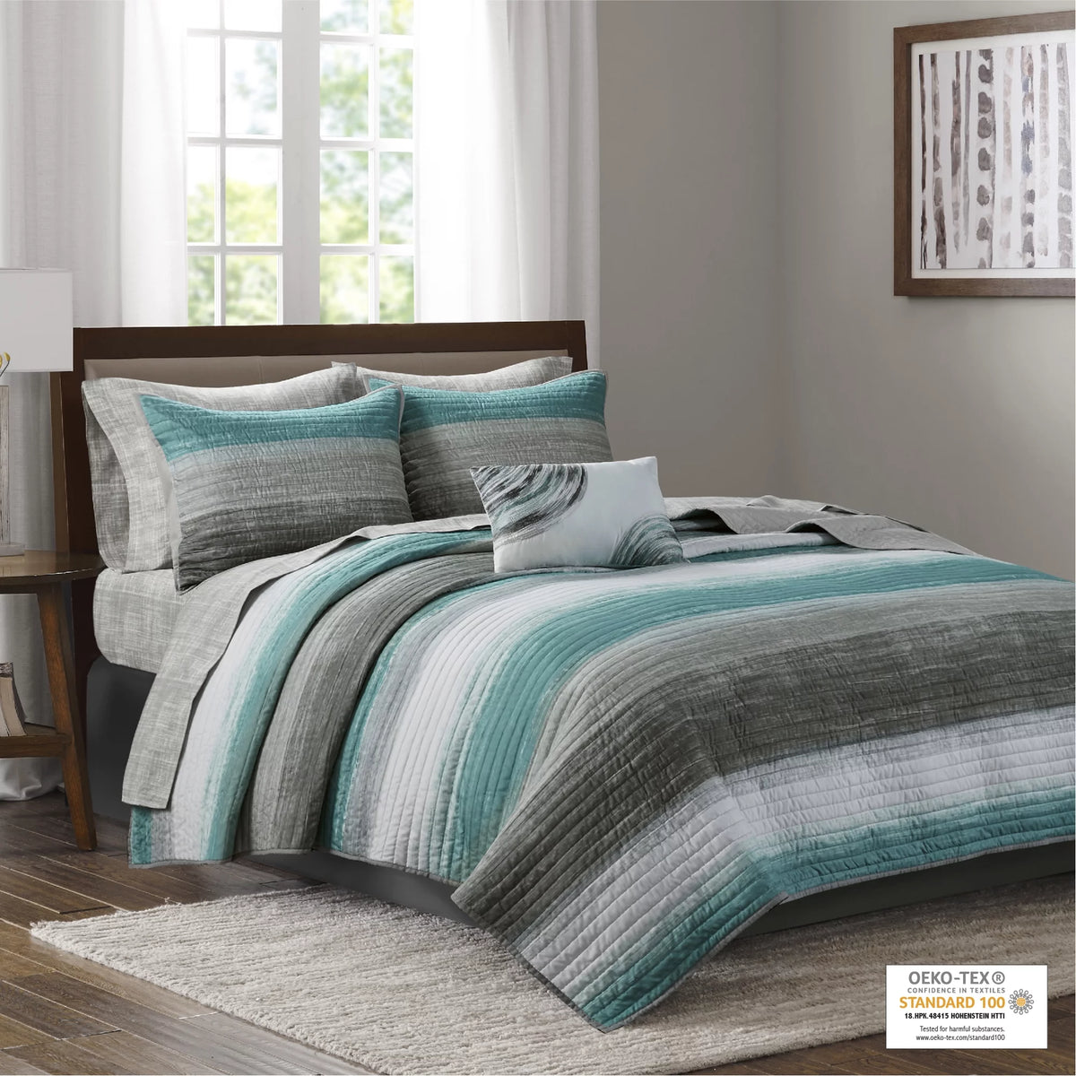 Blue Cal King Reversible Coverlet and Cotton Sheet Set V76890
