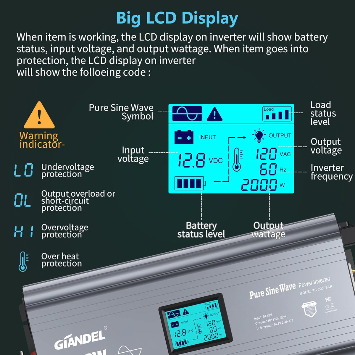 2000W Pure Sine Wave Power Inverter DC 12V to AC 120V with LCD Display Remote Controller Dual 2.4A USB Ports C2566