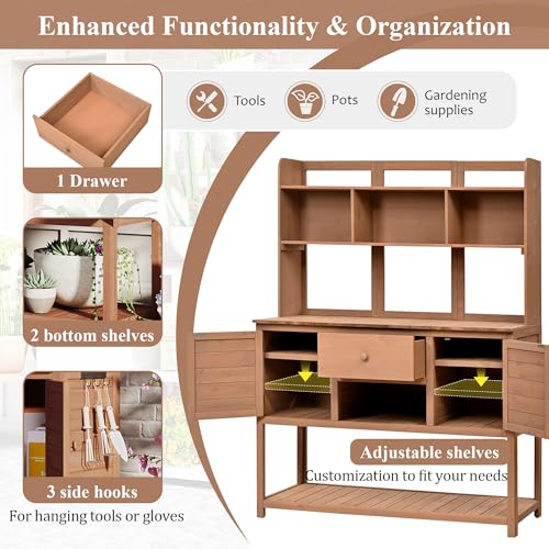 Light Brown Fir Wood Potting Bench with Drawers and Storage Shelves S737645